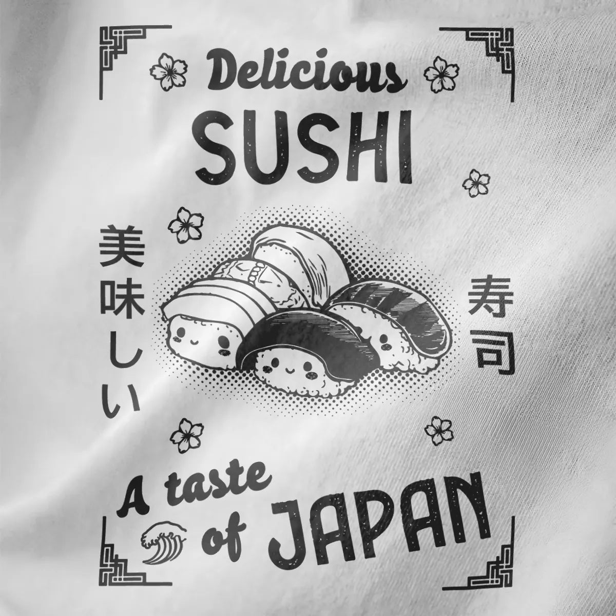 White shirt close-up with “Delicious SUSHI” text, sushi rolls, and Japanese wave, japan tee shirts, foodie style.