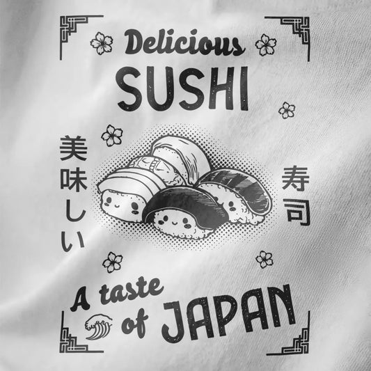 White shirt close-up with “Delicious SUSHI” text, sushi rolls, and Japanese wave, japan tee shirts, foodie style.