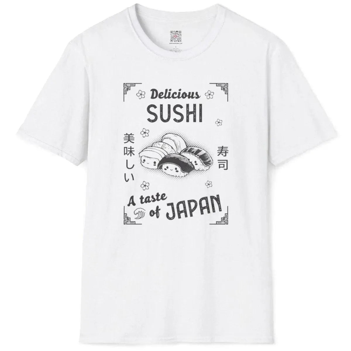 Flat white t-shirt with sushi rolls, “A taste of JAPAN” curve, and floral patterns, japanese graphic tees, foodie style.