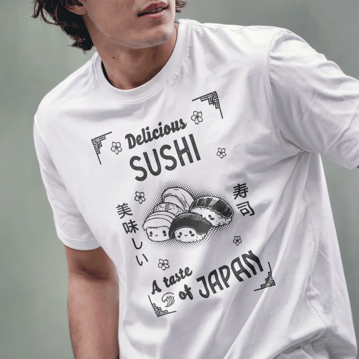 Male model in white sushi t-shirt with playful “Delicious SUSHI” design, japan aesthetic clothes, japanese text shirt.