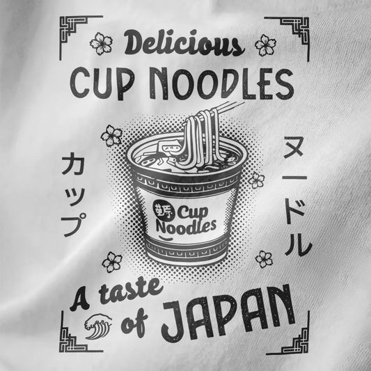 White shirt close-up with “Delicious CUP NOODLES” text, cup noodle ramen, and Japanese art patterns, japan tee shirts.