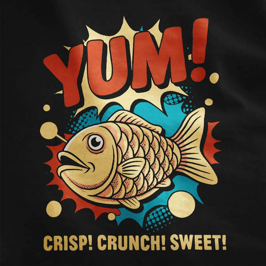 Vibrant taiyaki illustration, "YUM!" text on black fabric, cartoonish style, bold text fonts.