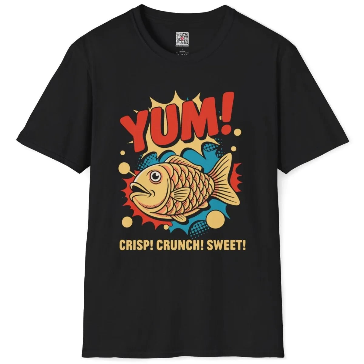 Black t-shirt flatlay, playful taiyaki fish, "YUM!" and "CRISP! CRUNCH! SWEET!" text, junk food shirt.