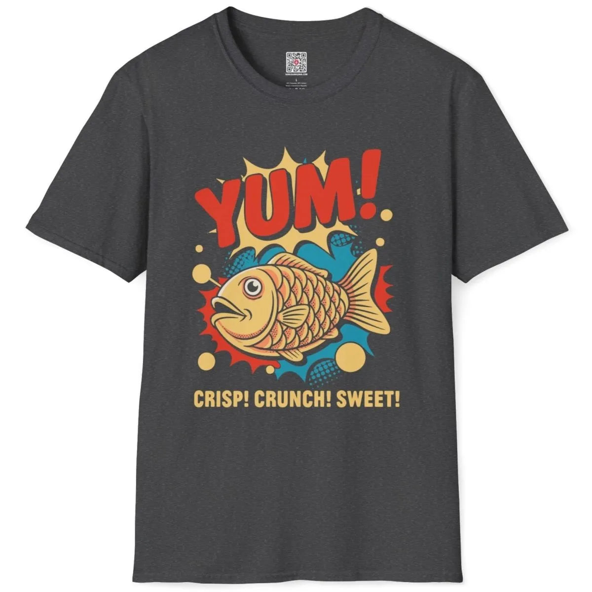 Dark heather t-shirt flatlay, lively taiyaki fish, "YUM!" text, cartoonish style, junk food shirt.