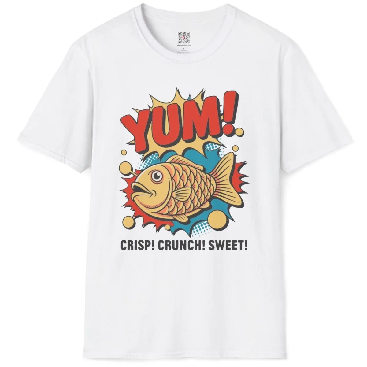 Cartoon taiyaki fish cake with "YUM!" text on white fabric, japanese t-shirts, junk food shirt.