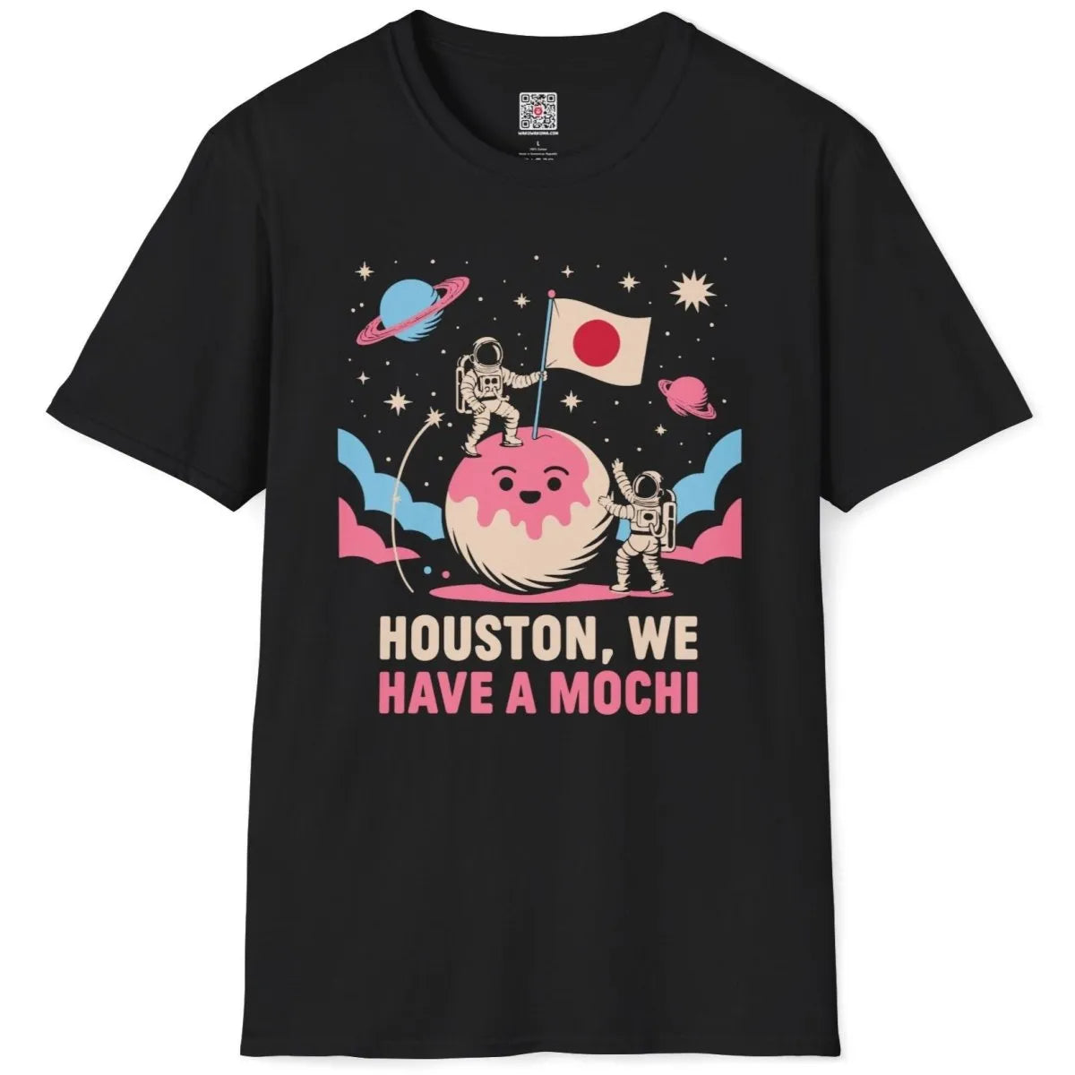 Black flatlay t-shirt with whimsical mochi planet, astronauts, and Japanese flag, cosmic design.
