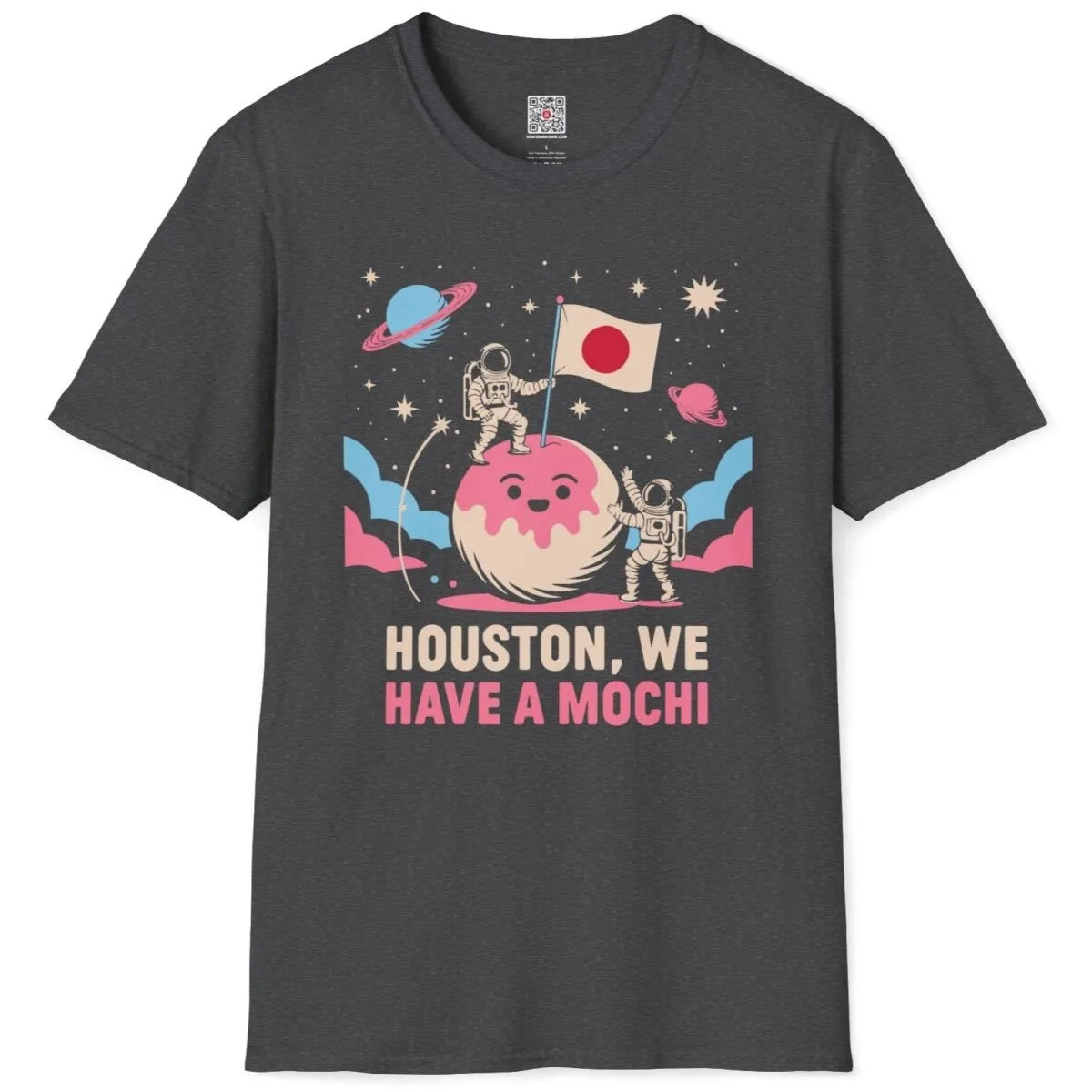 Dark heather flatlay t-shirt with cartoon mochi planet, astronauts, and Japanese flag, cosmic design.