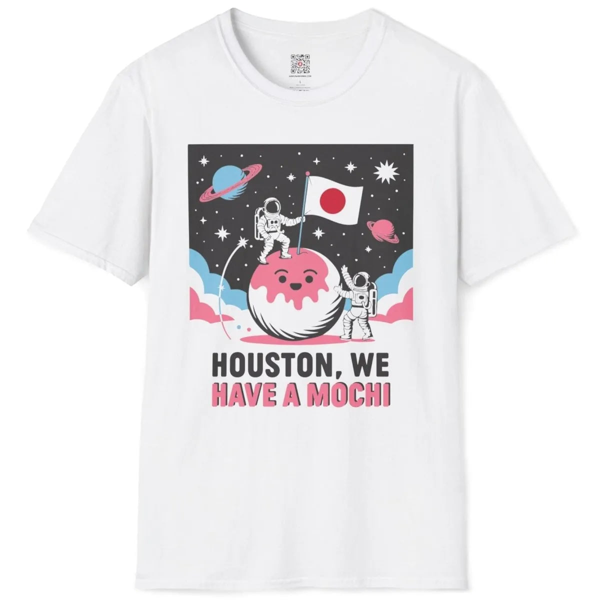 White flatlay t-shirt with mochi planet, astronauts, Japanese flag, and fluffy clouds, space-themed food.