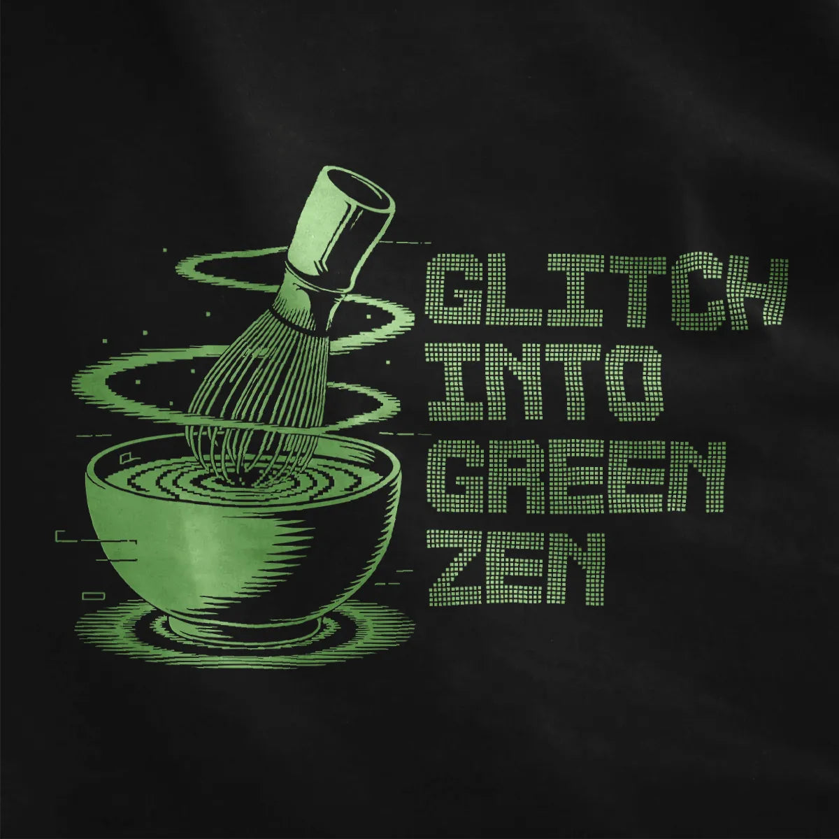 Green matcha bowl with bamboo whisk and glitch effect on black t-shirt, japanese t-shirts, cyberpunk shirt.