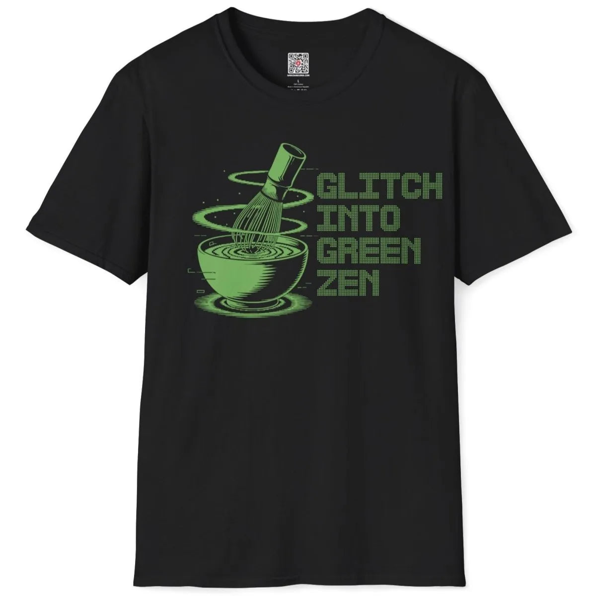Black flatlay t-shirt with glitchy matcha bowl, bamboo whisk, and pixel text, japanese inspired clothes.