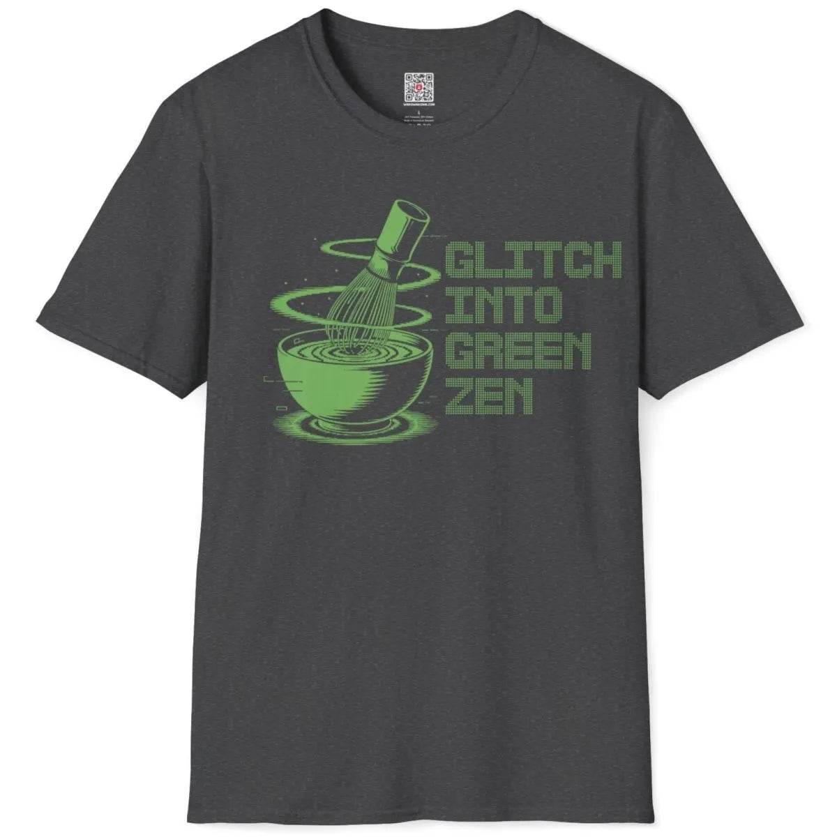 Dark heather flatlay t-shirt with glitch art matcha bowl, bamboo whisk, and bold text, cultural fusion.