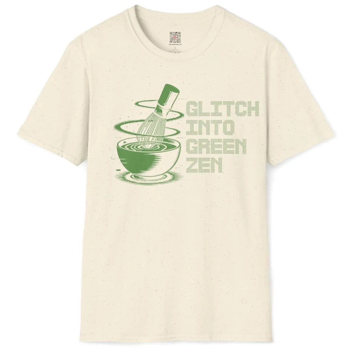 Natural flatlay t-shirt with matcha bowl, bamboo whisk, and glitch effect, contemporary styling.