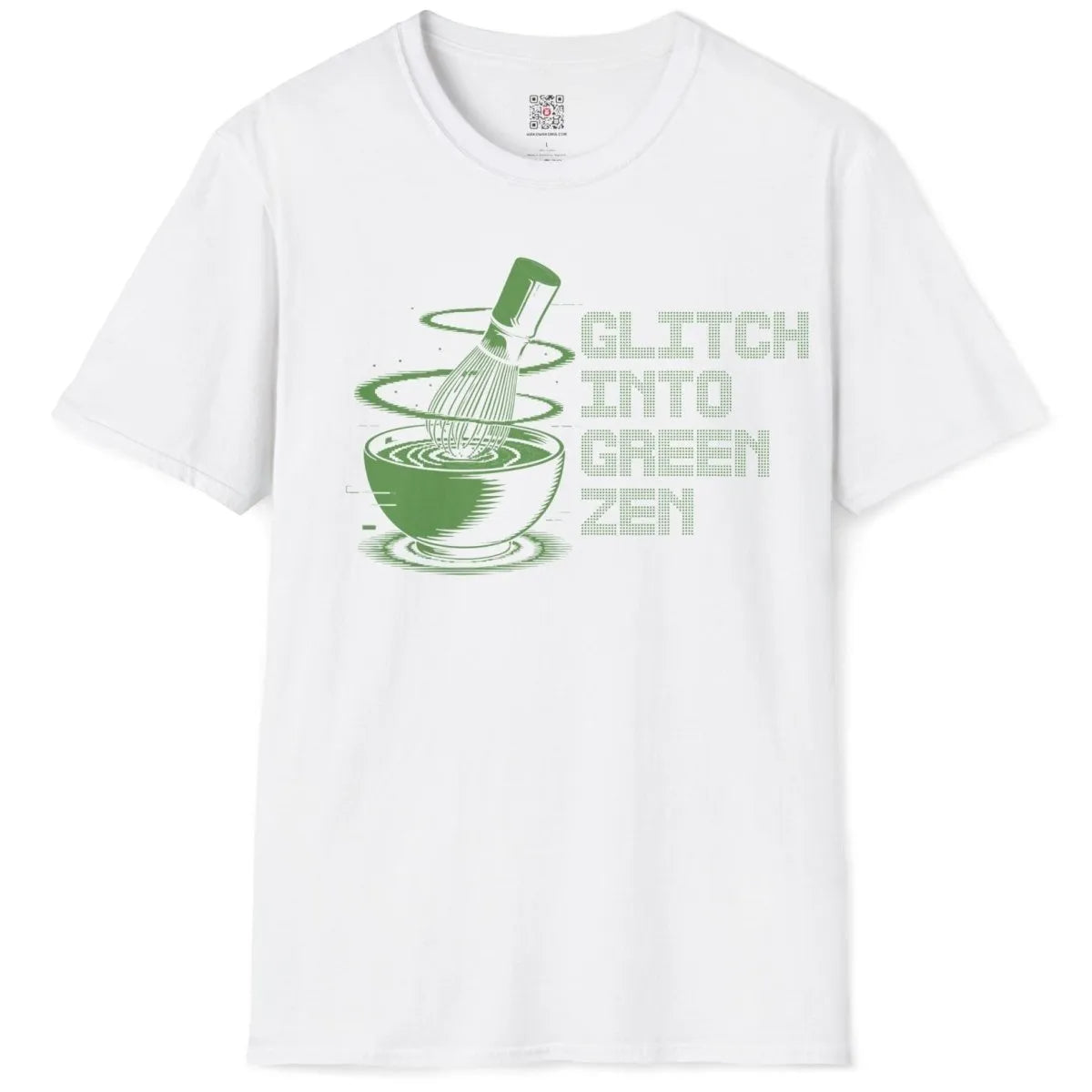 White flatlay t-shirt with green matcha bowl, bamboo whisk, and glitch effect, minimalist font.