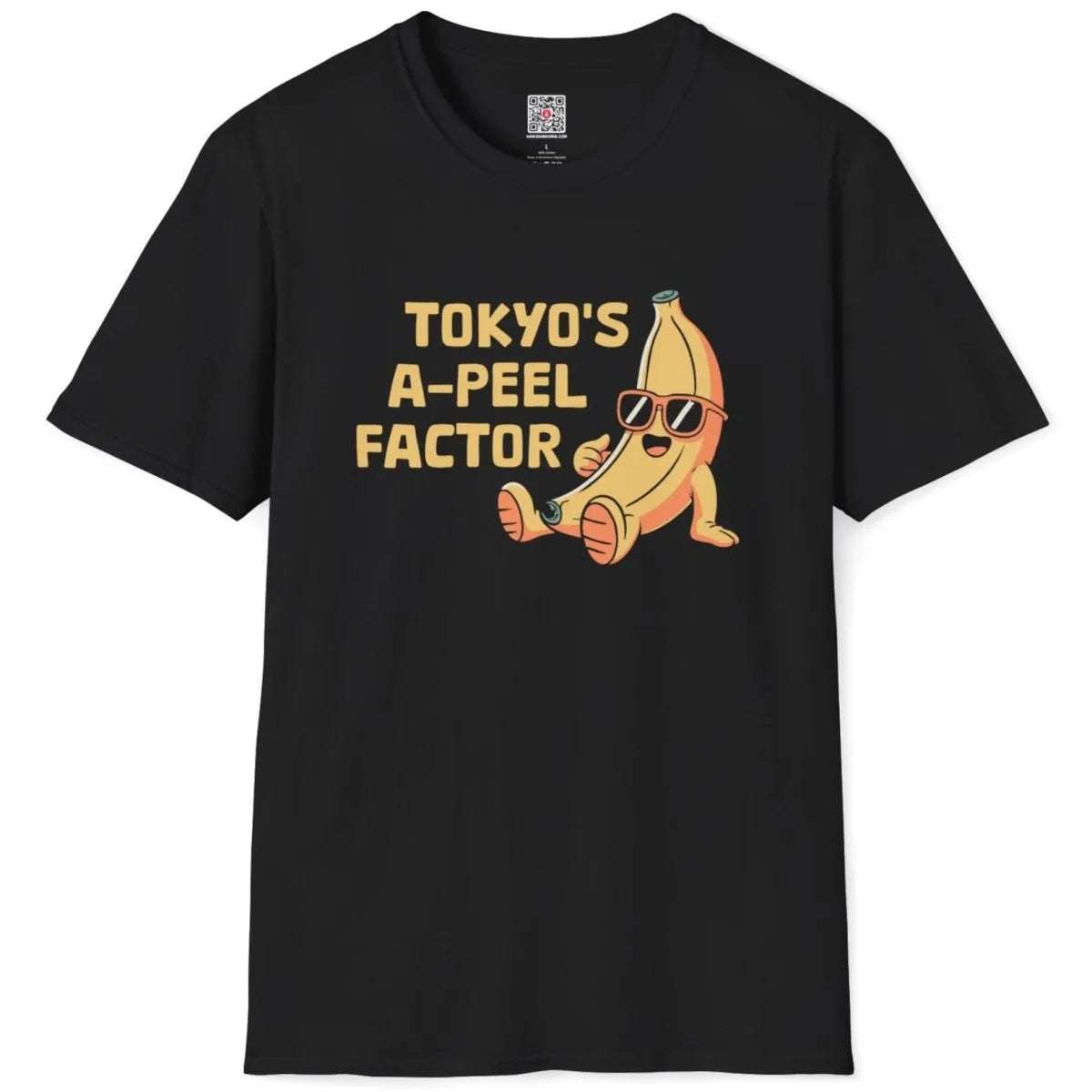 Black flatlay t-shirt with whimsical banana, sunglasses, and modern font, japanese t-shirts.