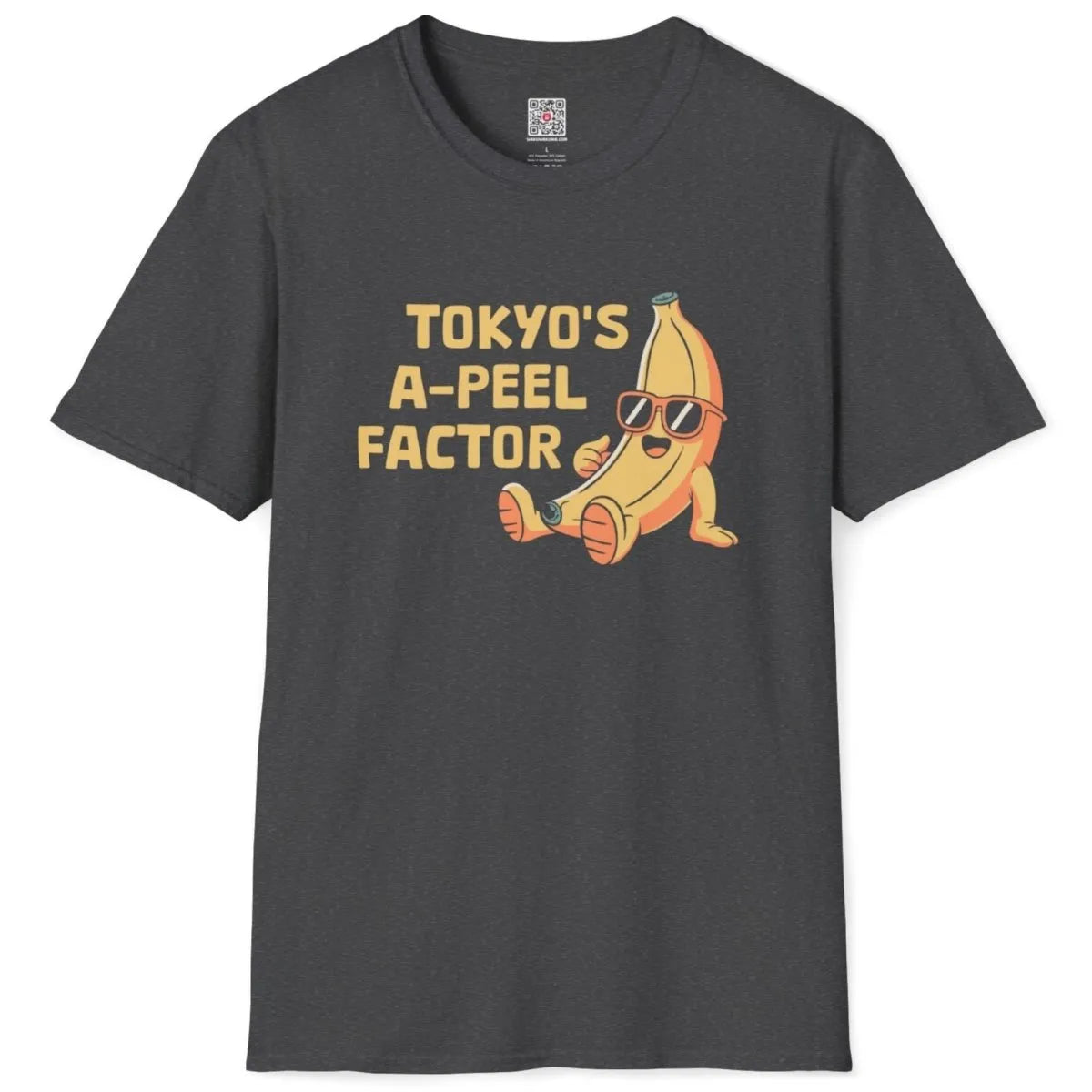 Dark heather flatlay t-shirt with playful banana, sunglasses, and modern font, japanese t-shirts.