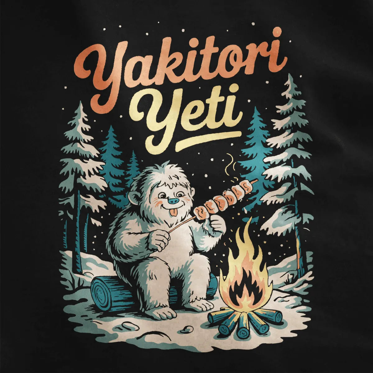 Yeti savoring yakitori by fire on black shirt, snowy pines, cozy campfire cooking in another world.