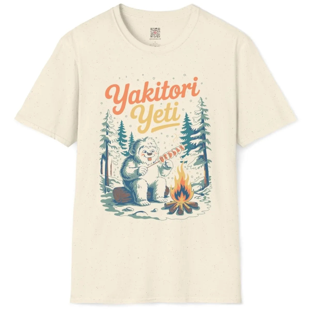 Yakitori Yeti on natural shirt flatlay, rustic campfire cooking, snowy pines, fusion cuisine.