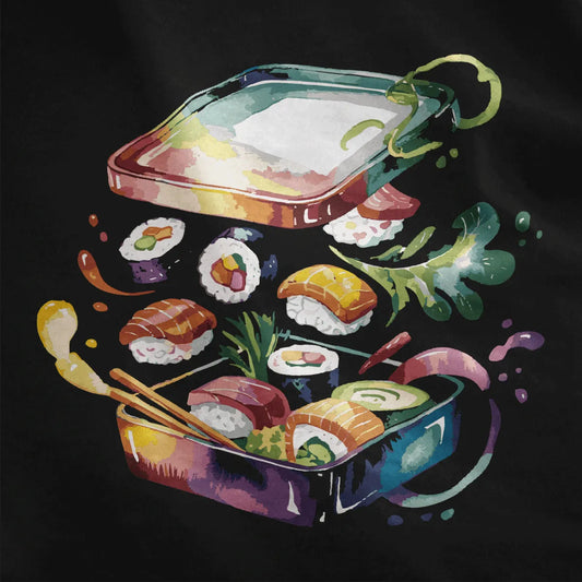 Sushi bento box in motion on black shirt, watercolor sushi, foodie style, fusion cuisine.