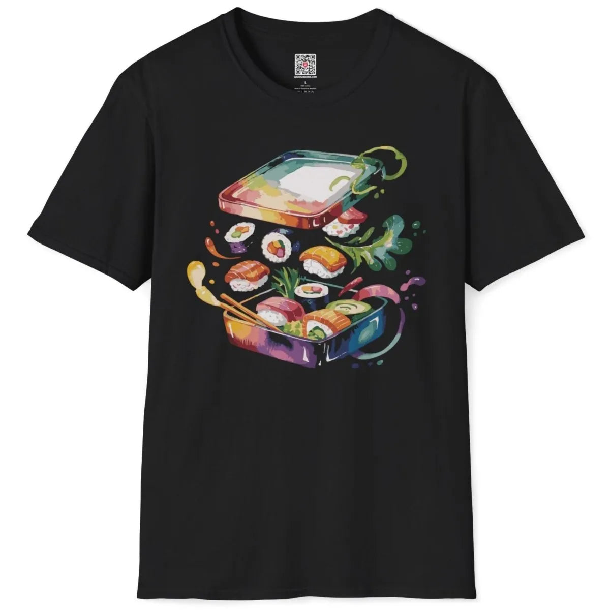 Sushi bento design on black t-shirt flatlay, watercolor sushi, pop art shirt, japanese inspired clothes.