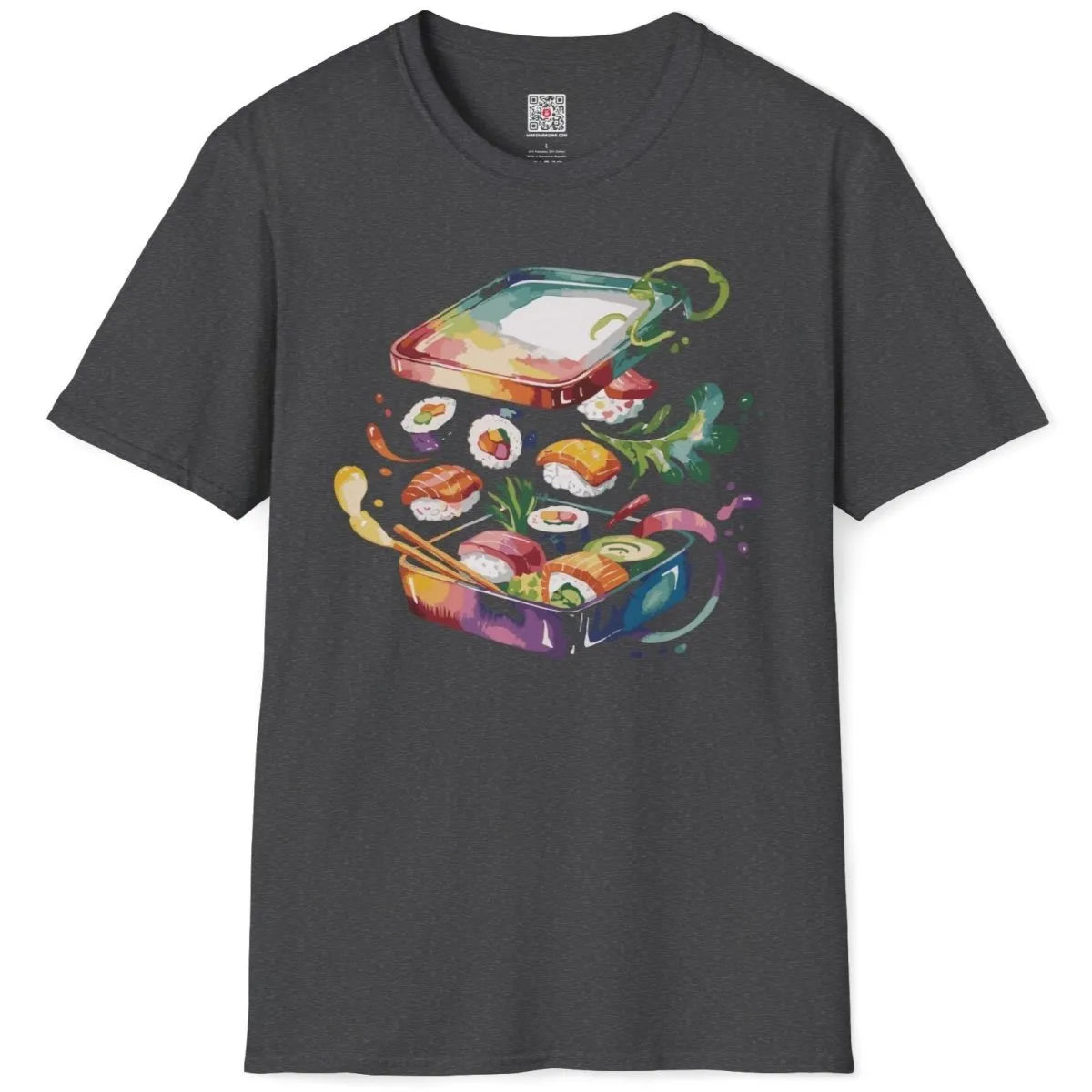 Sushi bento on dark heather shirt flatlay, vibrant sushi art, graphic t-shirts stores, fusion cuisine.
