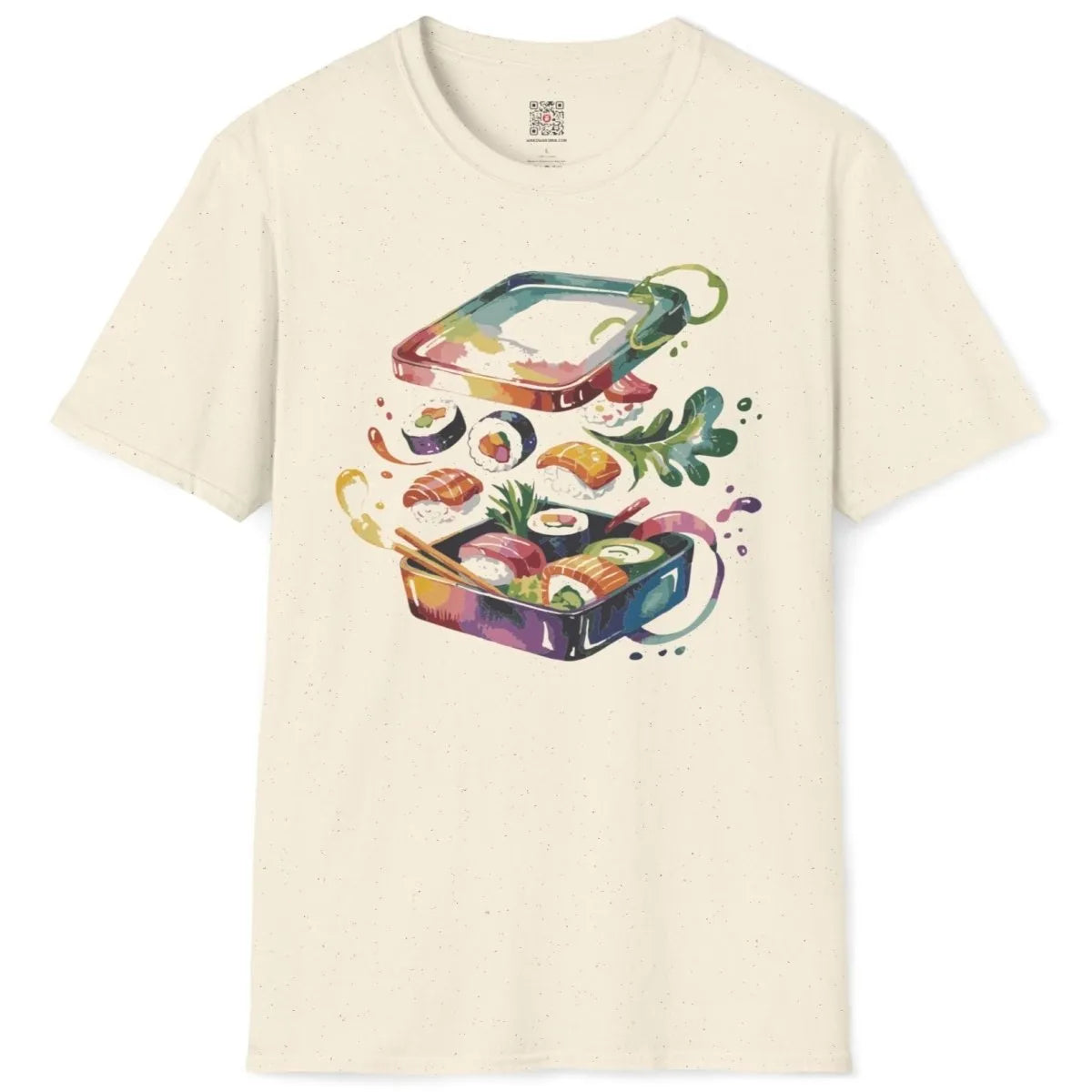 Sushi bento on natural shirt flatlay, watercolor sushi, sushi culture, vibrant style.