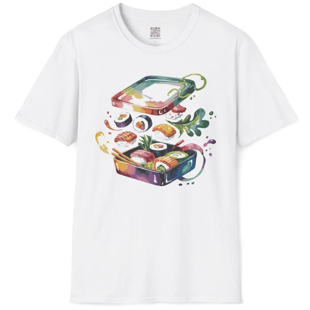 Sushi bento on white t-shirt flatlay, lively sushi scene, watercolor sushi, foodie style.