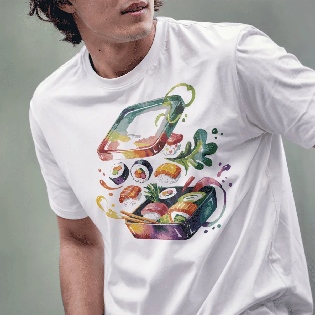 Male model in white t-shirt with sushi bento design, sushi art, vibrant style, japanese t-shirts.