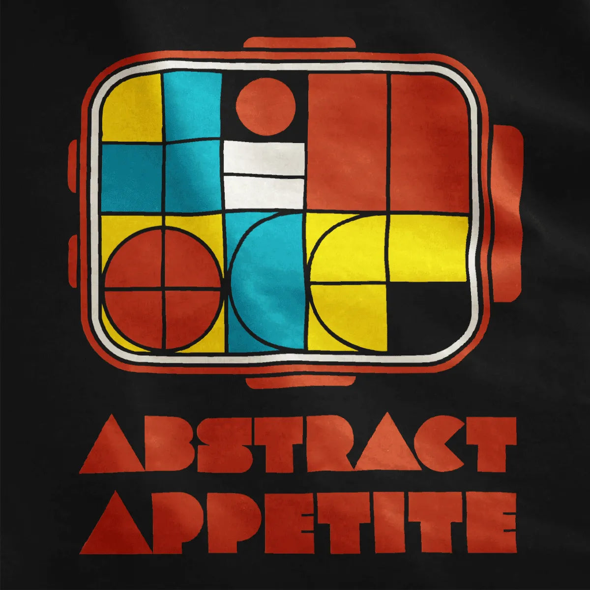 Abstract bento box on black shirt closeup, color blocking shirt, minimalist font, graphic design t shirt.