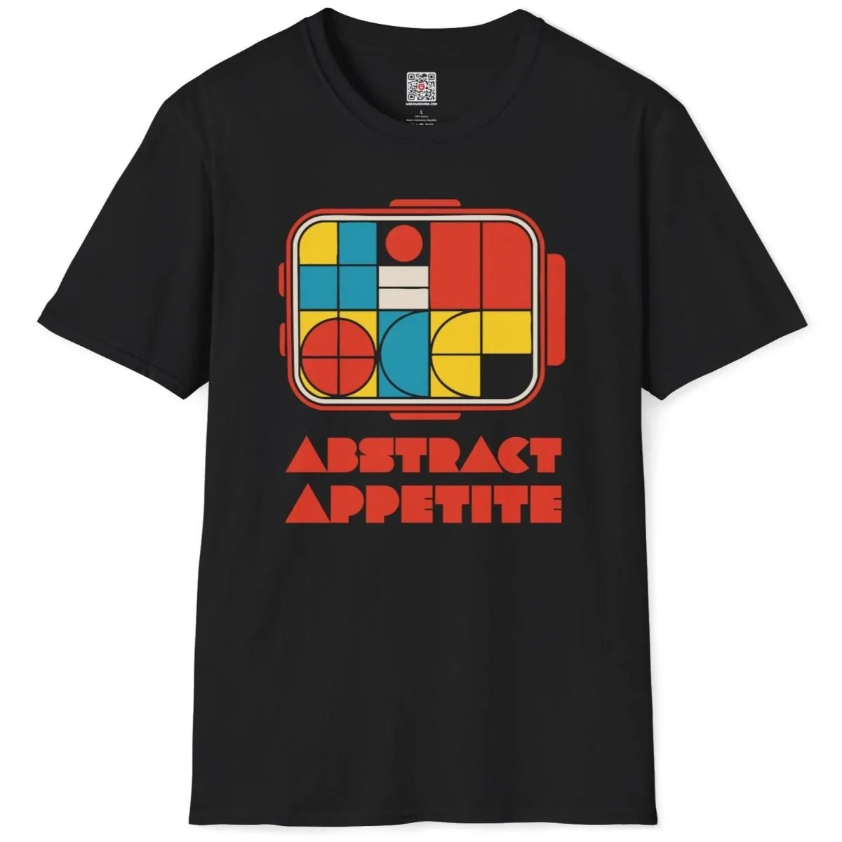 Abstract bento box on black t-shirt flatlay, grid pattern, pop art shirt, cultural fusion.