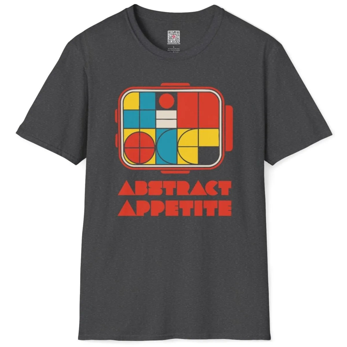 Abstract bento box on dark heather shirt flatlay, vibrant style, abstract background, graphic design t shirt.