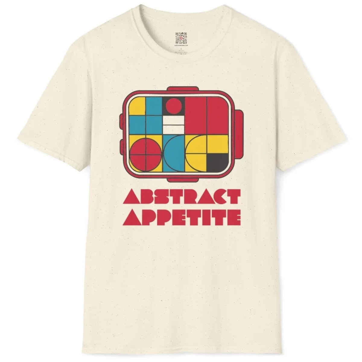 Abstract bento box on natural shirt flatlay, bento box design, contemporary styling, color blocking shirt.