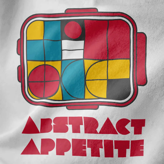 Abstract bento box closeup on white shirt, bold grid pattern, modern chic, japanese t-shirts.