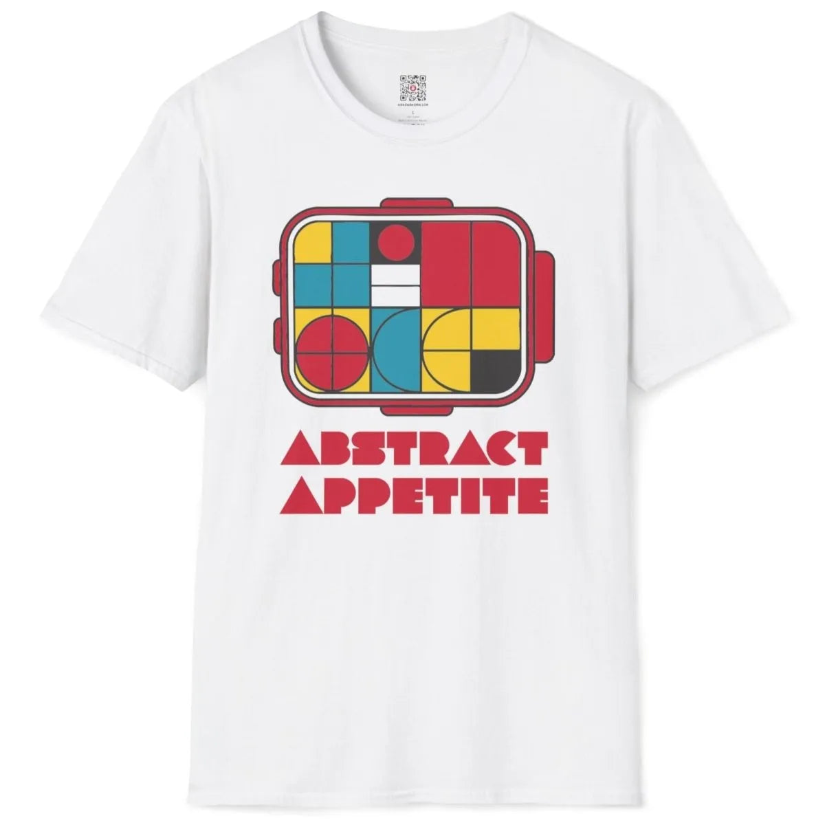 Abstract bento box on white t-shirt flatlay, minimalist font, color blocking shirt, modern chic.