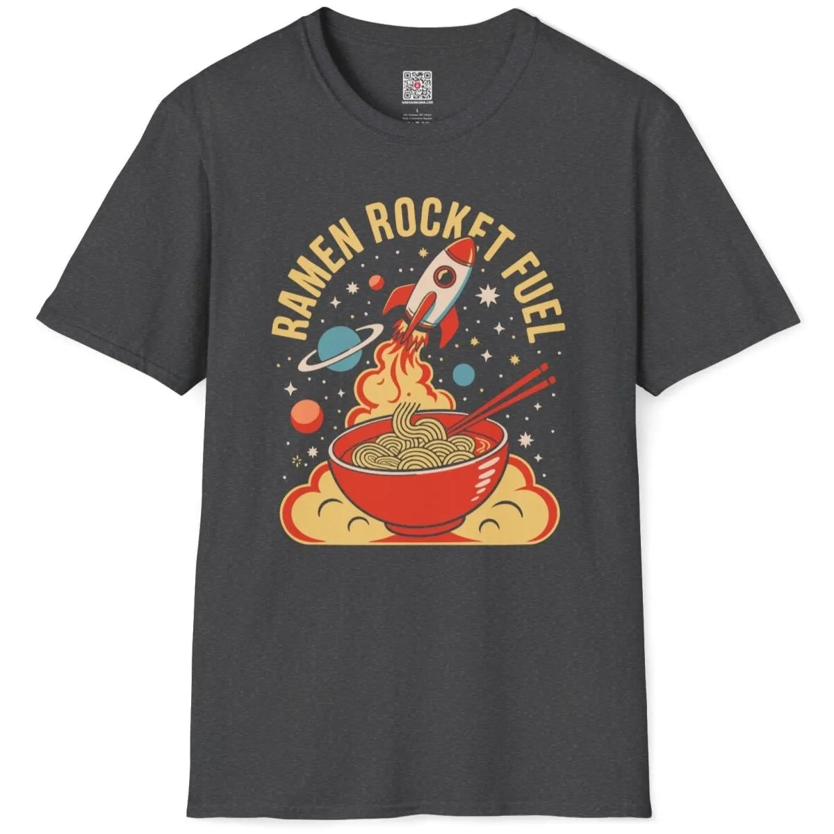 Dark heather t-shirt flatlay with ramen bowl, rocket, and retro text, energetic cosmic theme.