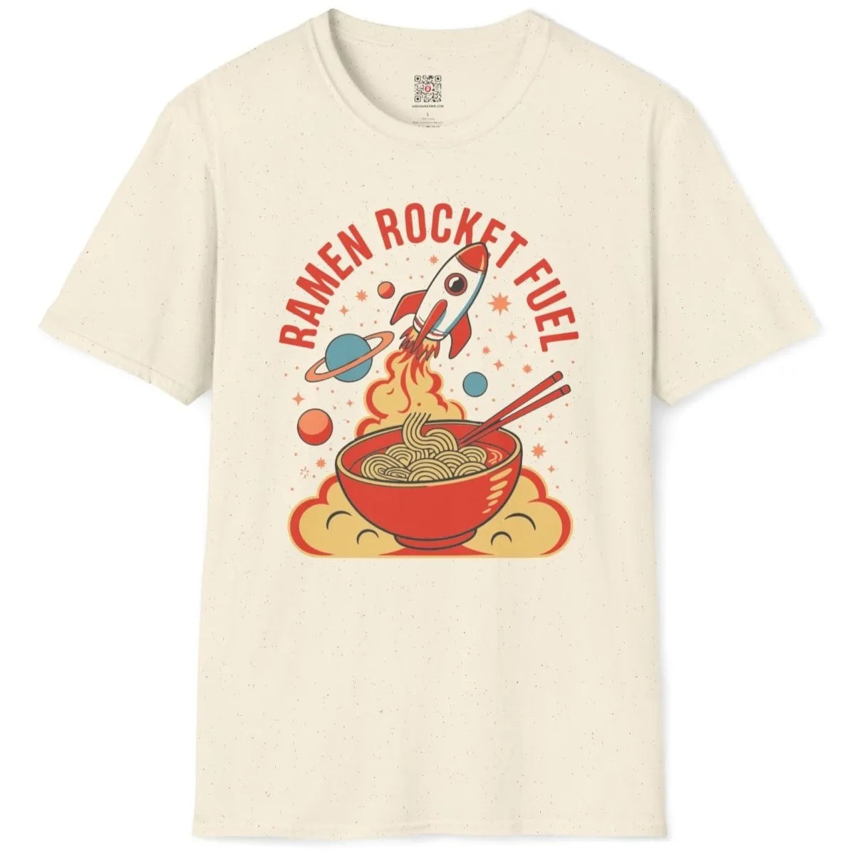 Natural t-shirt flatlay with ramen, rocket, and dynamic retro "RAMEN ROCKET FUEL" typography, fusion cuisine.