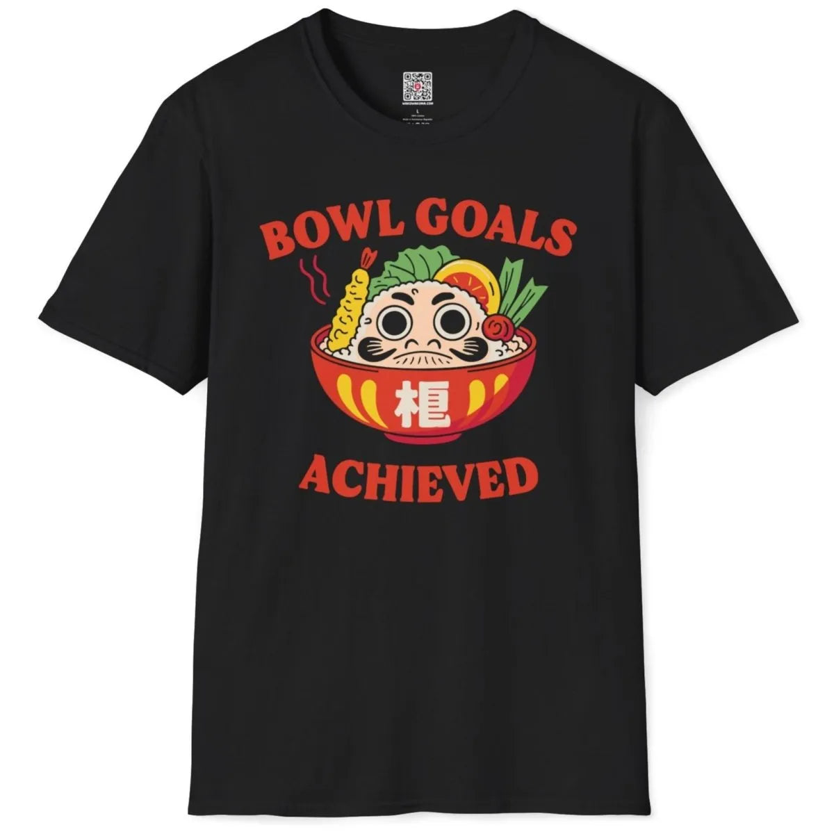 Black t-shirt flatlay with Daruma, sushi, and bold curved text, vibrant style, fusion cuisine.