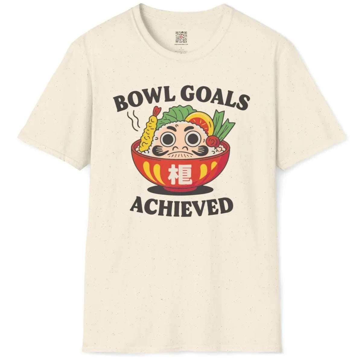 Natural t-shirt flatlay with Daruma, sushi, and bold motivational text, cultural identity, vibrant style.