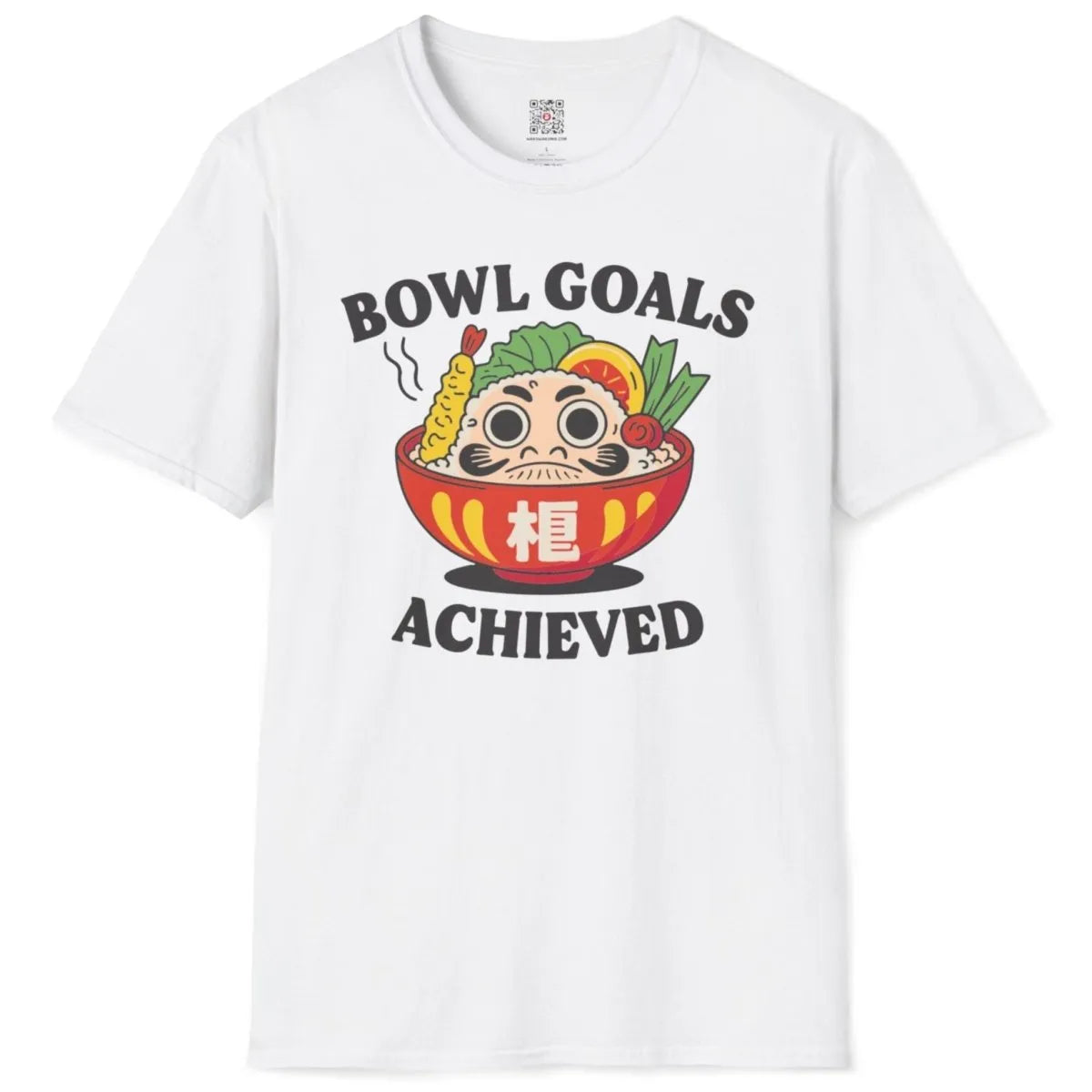 White t-shirt flatlay featuring Daruma, sushi, and “BOWL GOALS ACHIEVED” in bold font, sushi culture.