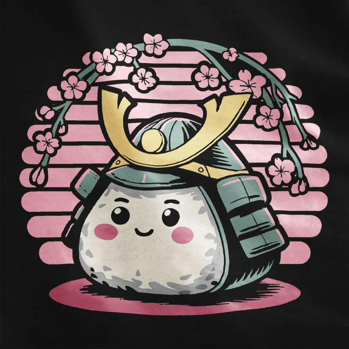 Black fabric closeup of onigiri with samurai helmet, cherry blossoms, and soft pink accents, whimsical illustration.