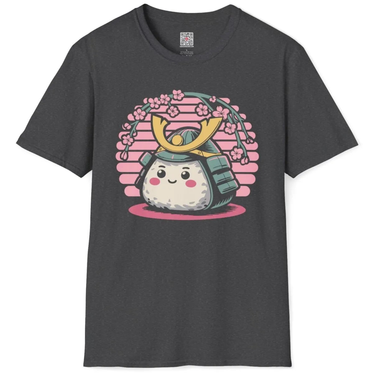 Dark heather t-shirt flatlay with onigiri, samurai helmet, and pink blossoms, traditional japanese art.