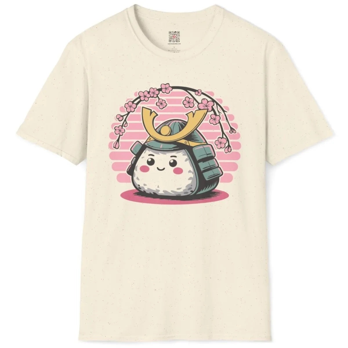 Natural t-shirt flatlay with cute onigiri, samurai helmet, and cherry blossoms, pastel aesthetics.