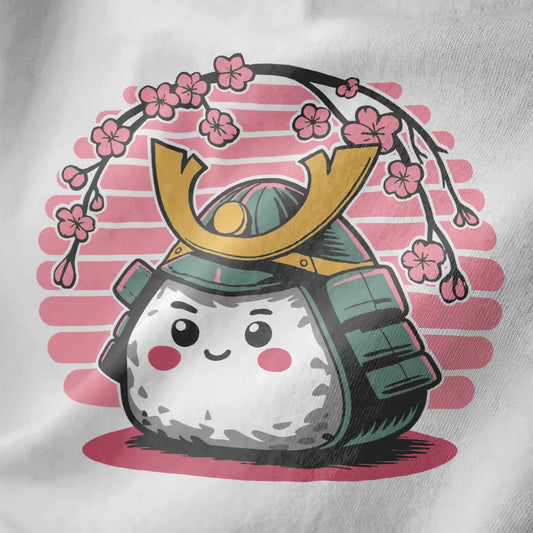 Cute onigiri with samurai helmet and cherry blossoms on white fabric, pastel aesthetics, kawaii clothes.