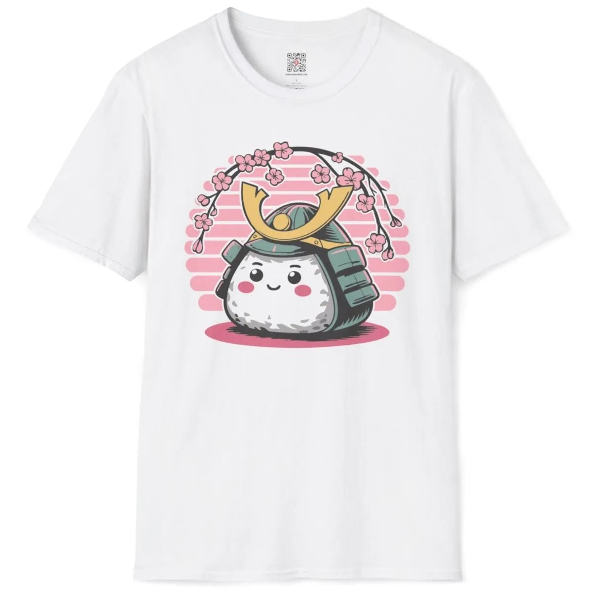 White t-shirt flatlay with smiling onigiri, samurai helmet, and arching cherry blossoms, cultural symbolism.