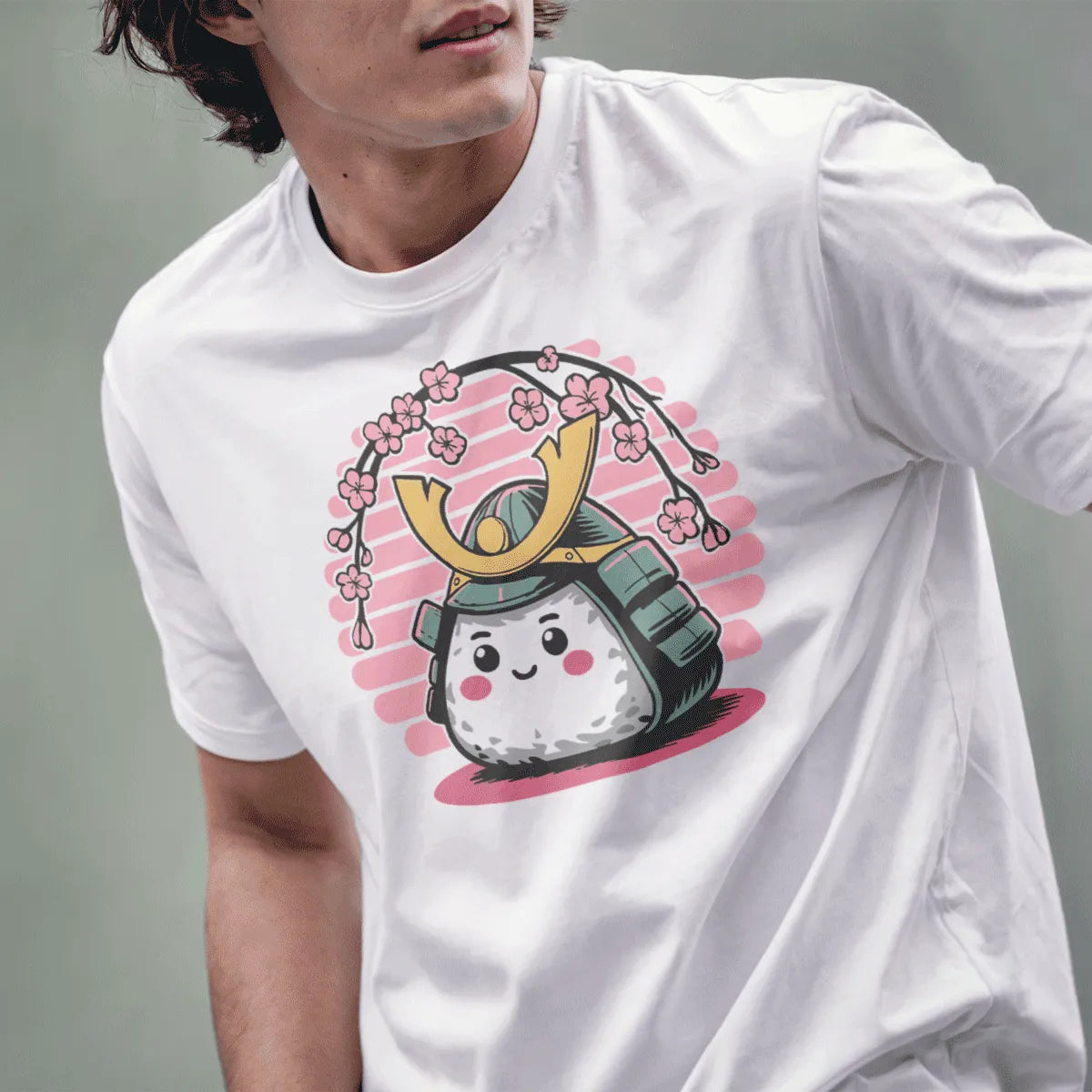 Male model in white t-shirt with samurai onigiri, cherry blossoms, and pastel stripes, japanese inspired clothes.