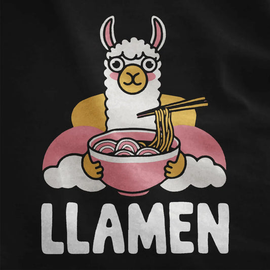 Closeup of cartoon llama eating ramen on black t-shirt, whimsical illustration, ramen t-shirt, kawaii clothes.