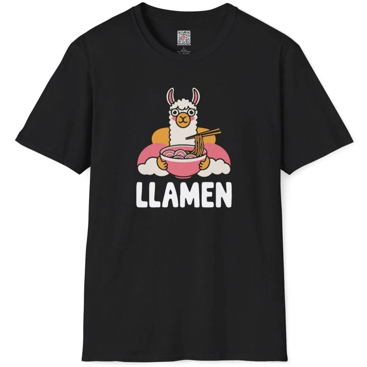 Black t-shirt flatlay with cartoon llama eating ramen, whimsical illustration, ramen t-shirt, foodie style.