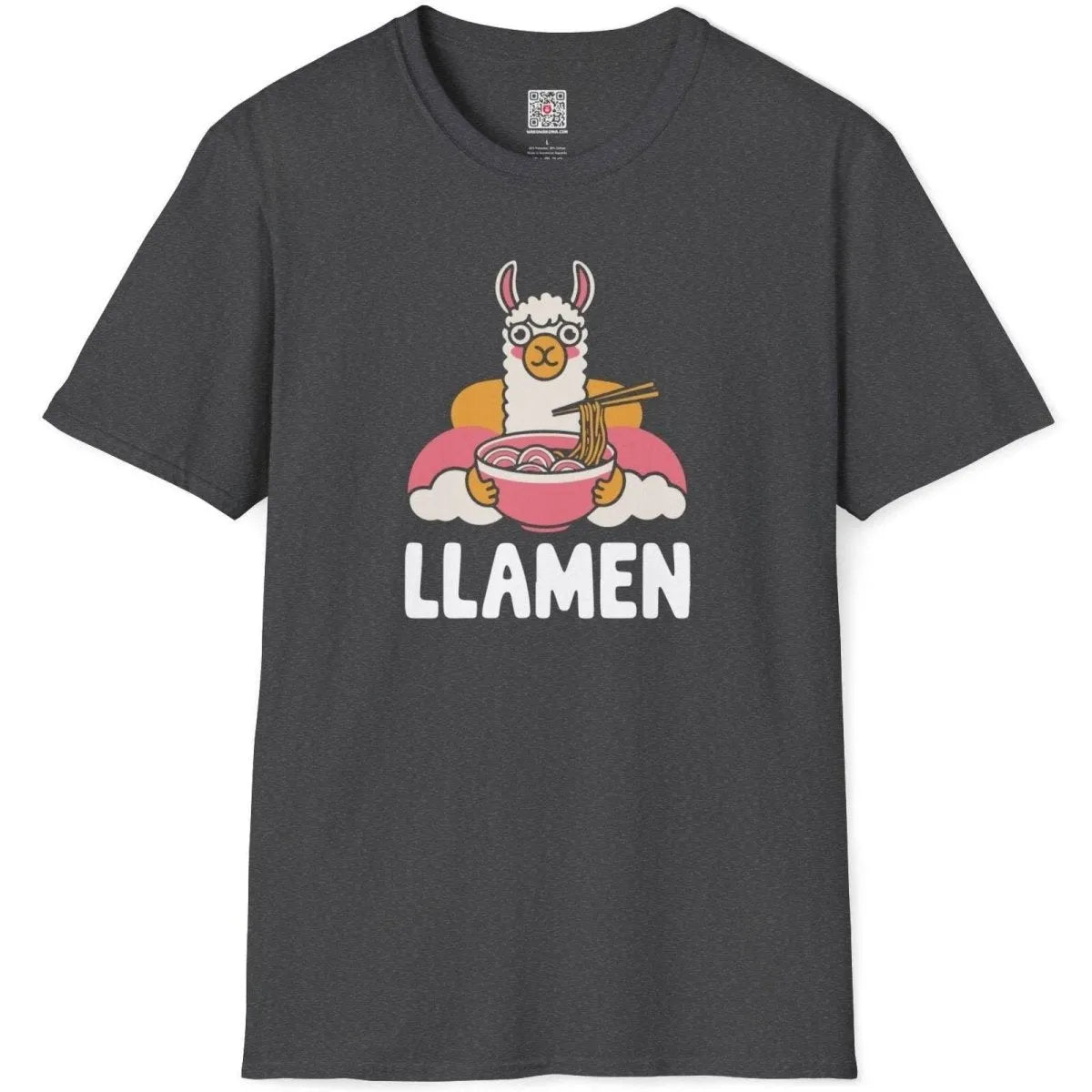 Dark heather t-shirt with cartoon llama eating ramen, whimsical illustration, ramen t-shirt, cozy food.