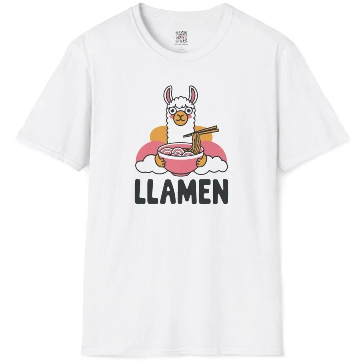 White t-shirt flatlay featuring cartoon llama with ramen bowl, whimsical illustration, ramen shirt, kawaii clothes.
