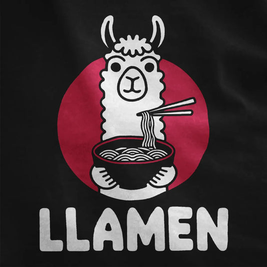 Closeup of a black t-shirt with a playful cartoon llama holding ramen, bold LLAMEN lettering, kawaii clothes.