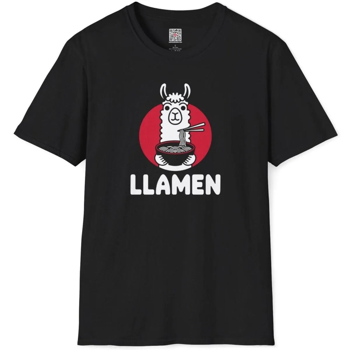 Flatlay of a black t-shirt displaying a cute llama eating ramen, bold LLAMEN pun, ramen shirt, pop art shirt.